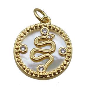 copper circle pendant paved zircon, snake, shell backing, gold plated, approx 15mm dia [FN16341]