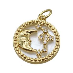 copper circle pendant paved zircon, moon, shell backing, gold plated, approx 15mm dia [FN16342]