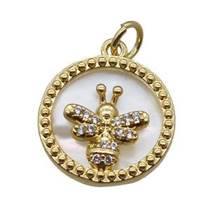 copper circle pendant paved zircon, honeybee, shell backing, gold plated, approx 15mm dia [FN16343]