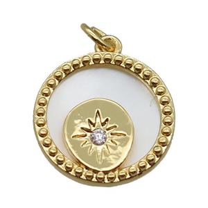 copper circle pendant paved zircon, northstar, shell backing, gold plated, approx 15mm dia [FN16344]