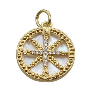 copper circle pendant paved zircon, compass, shell backing, gold plated, approx 15mm dia [FN16346]