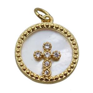 copper circle pendant paved zircon, cross, shell backing, gold plated, approx 15mm dia [FN16347]