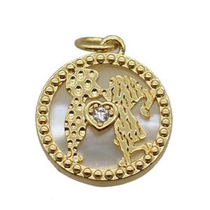 copper circle pendant paved zircon, heart, shell backing, gold plated, approx 15mm dia [FN16348]