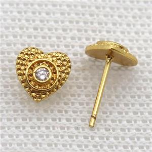 copper stud Earrings pave zircon, heart, gold plated, approx 8mm dia [FN16352]