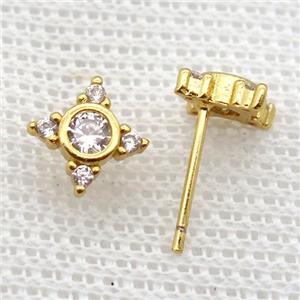 copper stud Earrings pave zircon, star, gold plated, approx 8mm dia [FN16354]