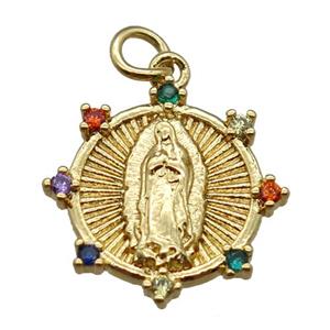 copper religious pendant paved zircon, Virgin Mary, gold plated, approx 16mm dia [FN16362]