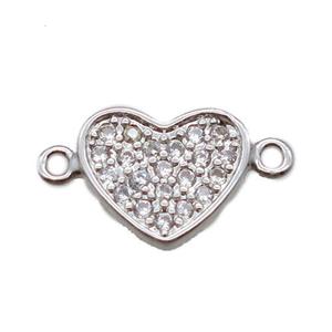 copper heart connector paved zircon, platinum plated, approx 8-10mm [FN16363]