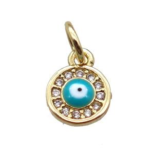 copper circle pendant paved zircon with evil eye, gold plated, approx 7mm dia [FN16380]