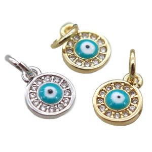 copper circle pendant paved zircon with evil eye, mixed, approx 7mm dia [FN16381]