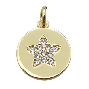 copper circle pendant paved zircon, star, gold plated, approx 13mm dia [FN16383]