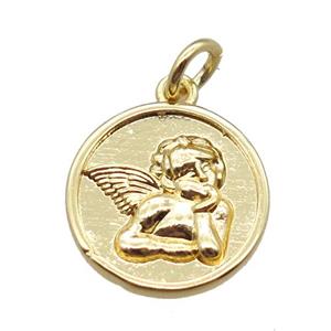 copper circle pendant, angel, gold plated, approx 13mm dia [FN16385]