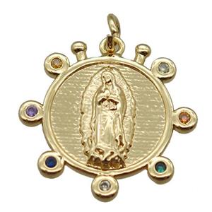 copper circle pendant paved zircon, Virgin Mary, gold plated, approx 20mm dia [FN16387]