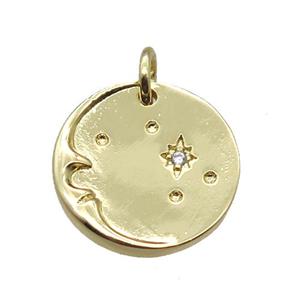 copper circle moon pendant paved zircon with star, gold plated, approx 15mm dia [FN16444]