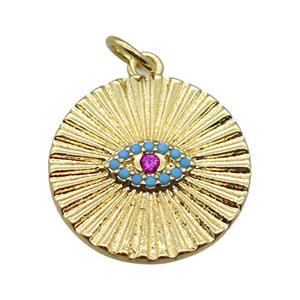 copper circle pendant paved zircon with eye, gold plated, approx 17mm dia [FN16445]
