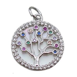 copper circle pendant paved zircon, tree of life, shell backing, platinum plated, approx 15mm dia [FN16457]