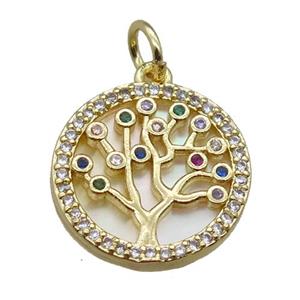 copper circle pendant paved zircon, tree of life, shell backing, gold plated, approx 15mm dia [FN16458]