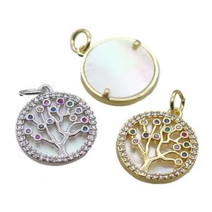 copper circle pendant paved zircon, tree of life, shell backing, mixed, approx 15mm dia [FN16459]