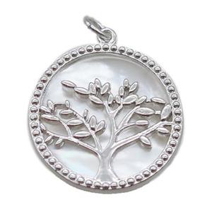copper circle pendant, tree of life, shell backing, platinum plated, approx 22mm dia [FN16462]