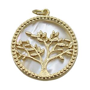 copper circle pendant, tree of life, shell backing, gold plated, approx 22mm dia [FN16463]