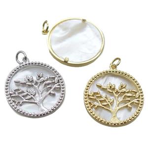 copper circle pendant, tree of life, shell backing, mixed, approx 22mm dia [FN16464]
