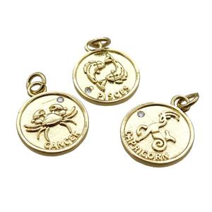 copper circle pendant with mix Zodiac, gold plated, approx 15mm dia [FN16469]
