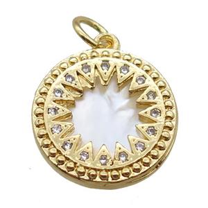 copper circle pendant paved zircon, shell backing, gold plated, approx 15mm dia [FN16477]