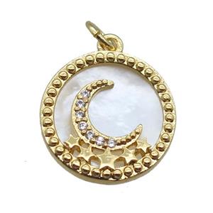 copper circle pendant paved zircon with moon, shell backing, gold plated, approx 15mm dia [FN16478]