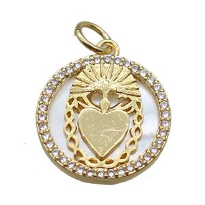 copper circle pendant paved zircon, shell backing, gold plated, approx 15mm dia [FN16479]
