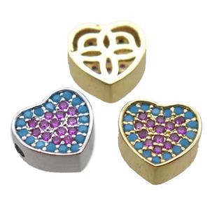 copper heart beads paved zircon, mixed, approx 9mm [FN16488]