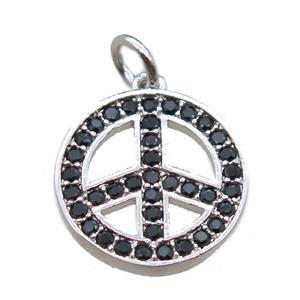 copper peace sign pendant paved zircon, platinum plated, approx 14mm dia [FN16489]