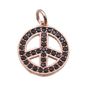 copper peace sign pendant paved zircon, rose gold, approx 14mm dia [FN16491]