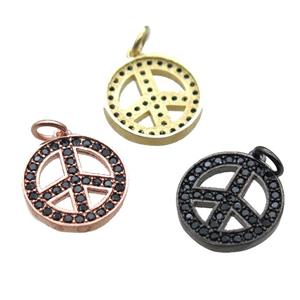 copper peace sign pendant paved zircon, mixed color, approx 14mm dia [FN16493]