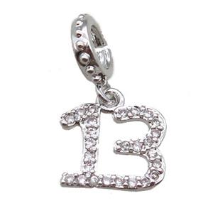copper number13 pendant paved zircon, platinum plated, approx 10mm, 8mm dia [FN16494]