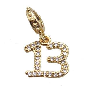 copper number13 pendant paved zircon, gold plated, approx 10mm, 8mm dia [FN16495]