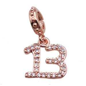 copper number13 pendant paved zircon, rose gold, approx 10mm, 8mm dia [FN16496]