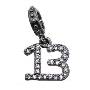 copper number13 pendant paved zircon, black plated, approx 10mm, 8mm dia [FN16497]