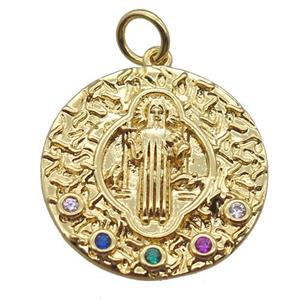 copper circle pendant paved zircon with Jesus, gold plated, approx 19mm dia [FN16499]