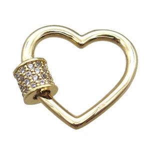 copper heart carabiner lock pendant paved zircon, gold plated, approx 18mm [FN16517]