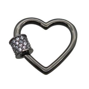 copper heart carabiner lock pendant paved zircon, screw, black gunmetal plated, approx 18mm [FN16518]