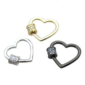 copper heart carabiner lock pendant paved zircon, screw, mixed color, approx 18mm [FN16519]