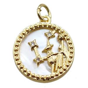 copper circle pendant paved zircon, Zodiac Virgo, shell backing, gold plated, approx 15mm dia [FN16526]