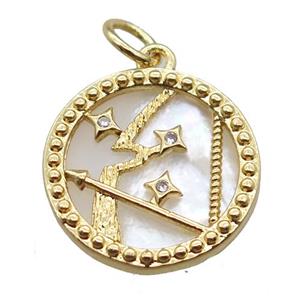 copper circle pendant paved zircon, Zodiac Sagittarius, shell backing, gold plated, approx 15mm dia [FN16527]