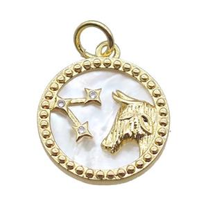 copper circle pendant paved zircon, Zodiac Taurus, shell backing, gold plated, approx 15mm dia [FN16529]