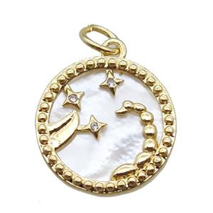 copper circle pendant paved zircon, Zodiac Scorpio, shell backing, gold plated, approx 15mm dia [FN16530]