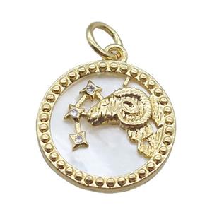 copper circle pendant paved zircon, Zodiac Aries, shell backing, gold plated, approx 15mm dia [FN16531]