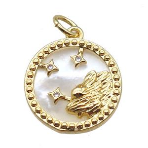 copper circle pendant paved zircon, Zodiac Leo, shell backing, gold plated, approx 15mm dia [FN16532]