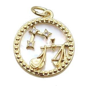 copper circle pendant paved zircon, Zodiac Libra, shell backing, gold plated, approx 15mm dia [FN16533]
