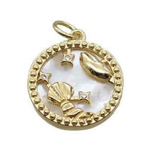copper circle pendant paved zircon, Zodiac Cancer, shell backing, gold plated, approx 15mm dia [FN16534]