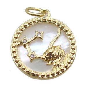 copper circle pendant paved zircon, Zodiac Capricorn, shell backing, gold plated, approx 15mm dia [FN16537]