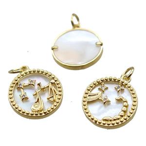 copper circle pendant paved zircon, mixed Zodiac, shell backing, gold plated, approx 15mm dia [FN16538]